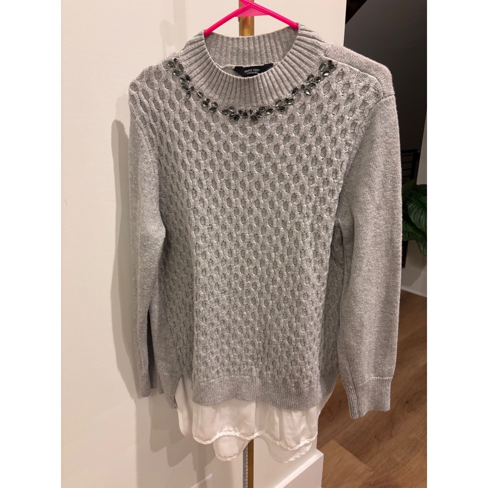 Simply Vera Vera Wang Womens XL Grey Embellished Mock‎ Neck Mixed Media Sweater